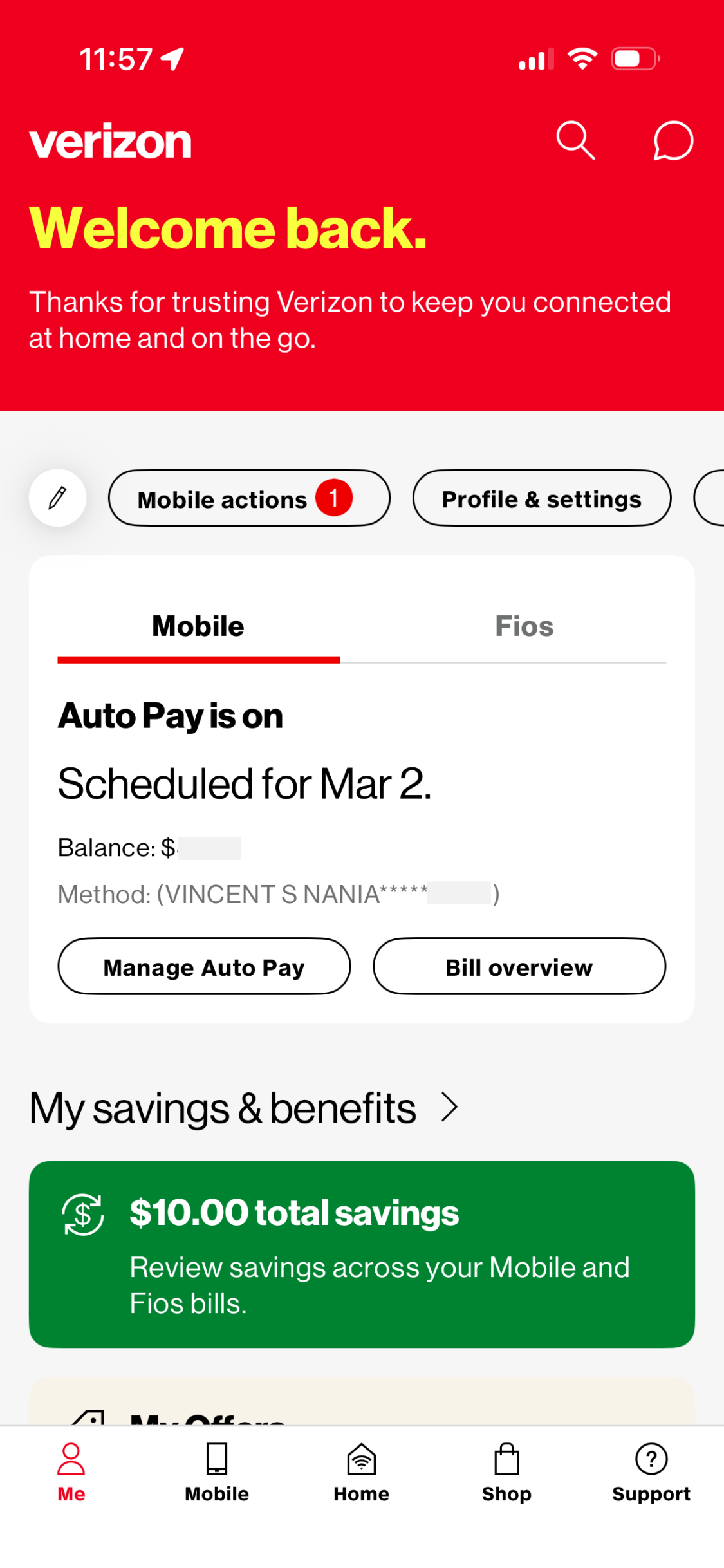 My Verizon App L1 Dashboard
